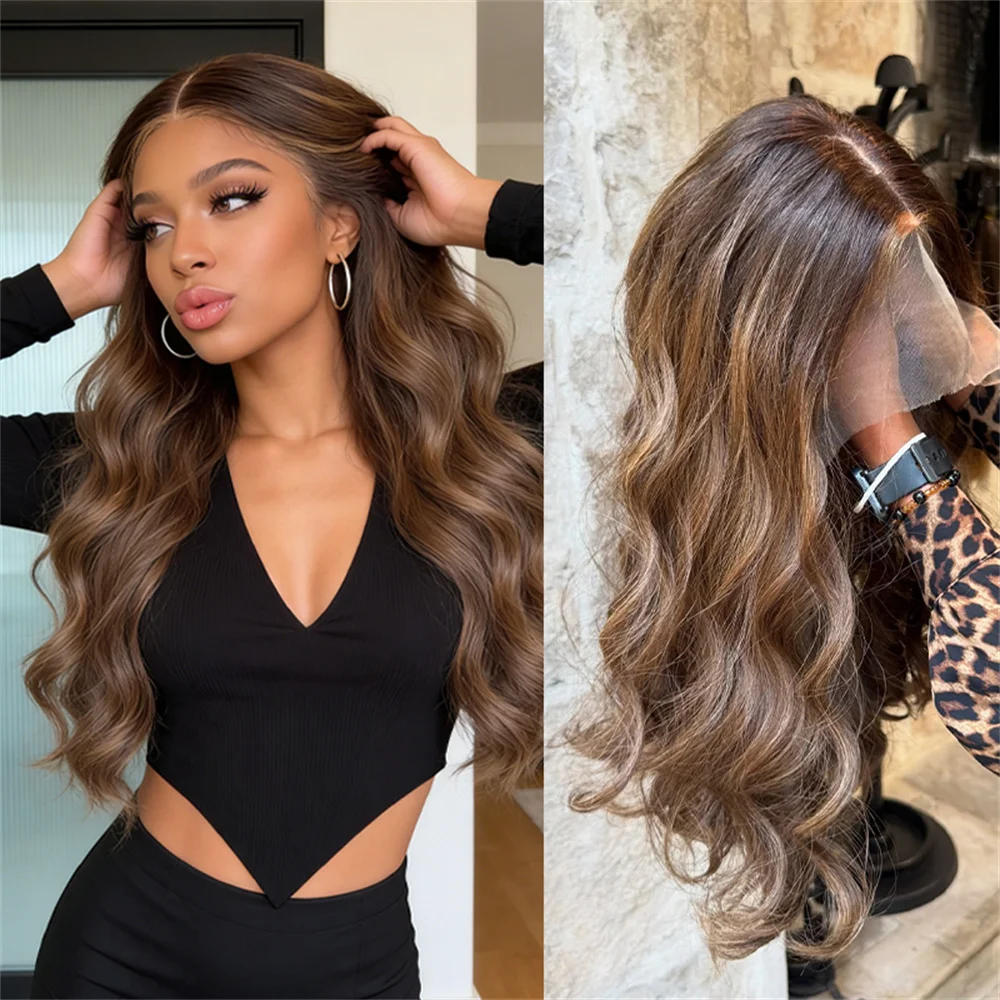Dark Chestnut Brown Ombre Balayage Wig with Highlights Middle Part Realistic Body Wave 26Inch High Heat Synthetic Hair for Women