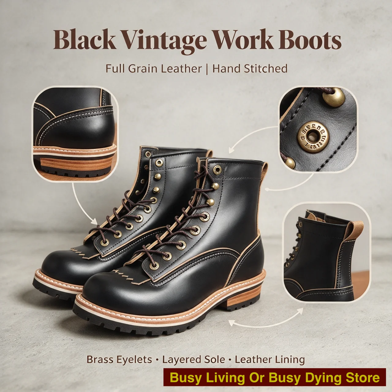 P0001 Work Boots for MenCombat Boots Street Style Outdoor  Vintage Non-Slip Thick Sole  Retro  Male Fashion