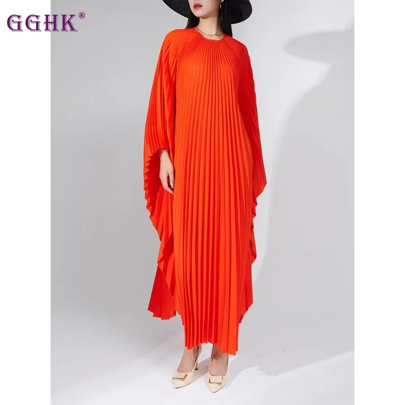 

GGHK Miyake 2024 Spring New Style Pleated Loose Maxi Long Dress Women O-Neck Batwing Sleeves Solid Evening Party Dresses