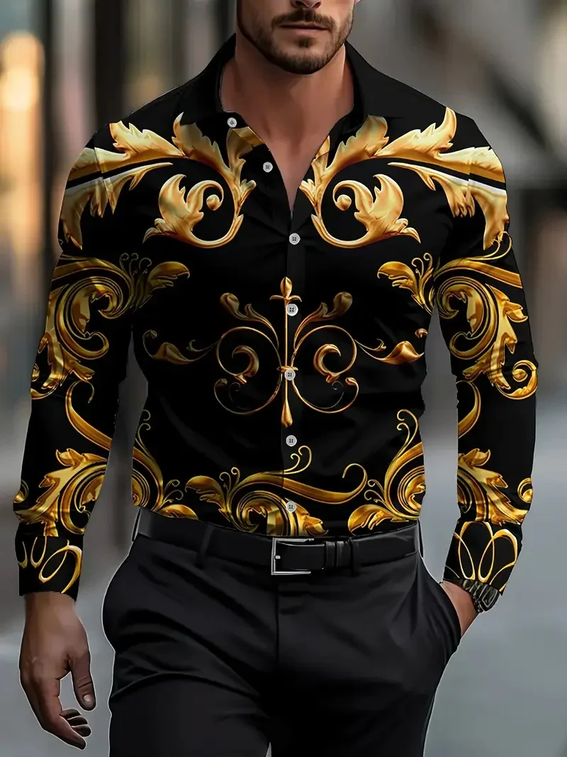 New French Curly Grass Pattern Gold Printed Long Sleeve Single Row Buckle Men's Flower Shirt Casual Street Fashion Flap-Collar