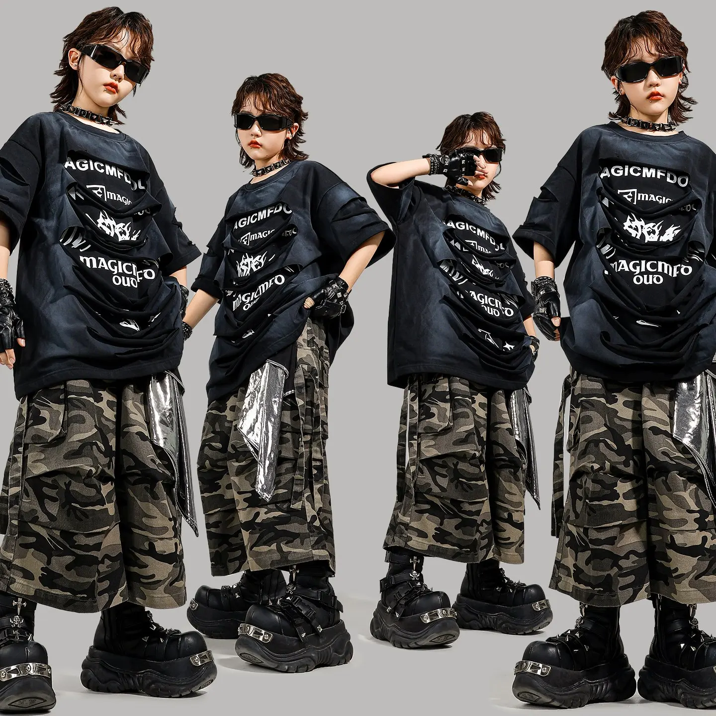 الأطفال ملابس فضفاضة تي شيرت السراويل التمويه Kpop وتتسابق للبنين أزياء رقص الجاز الفتيات الهيب هوب الهذيان الملابس DQS20110