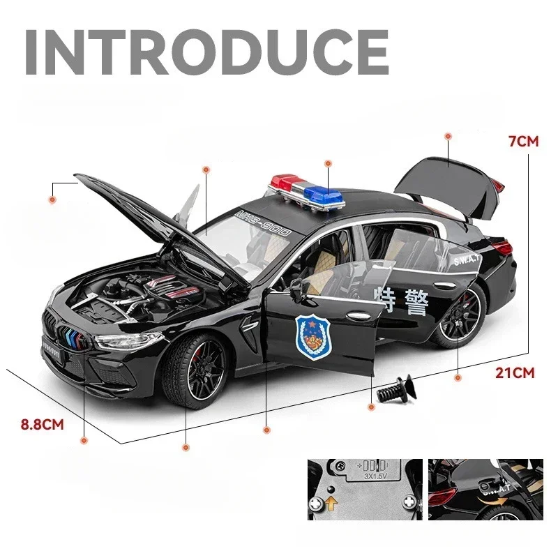 Nuevo coche de policía BMW M8 MANHART 1:24, coche fundido a presión, modelo de aleación de Metal con sonido y luz, regalos de alta simulación para niños