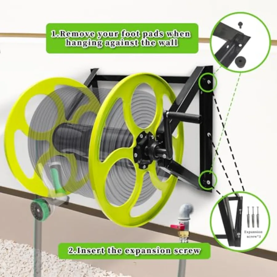스테인리스 스틸 정원 호스 릴 (5/8 스테인리스 스틸 호스용) 크랭크 핸들 벽걸이형 디자인 (3/4 황동 피팅 포함)