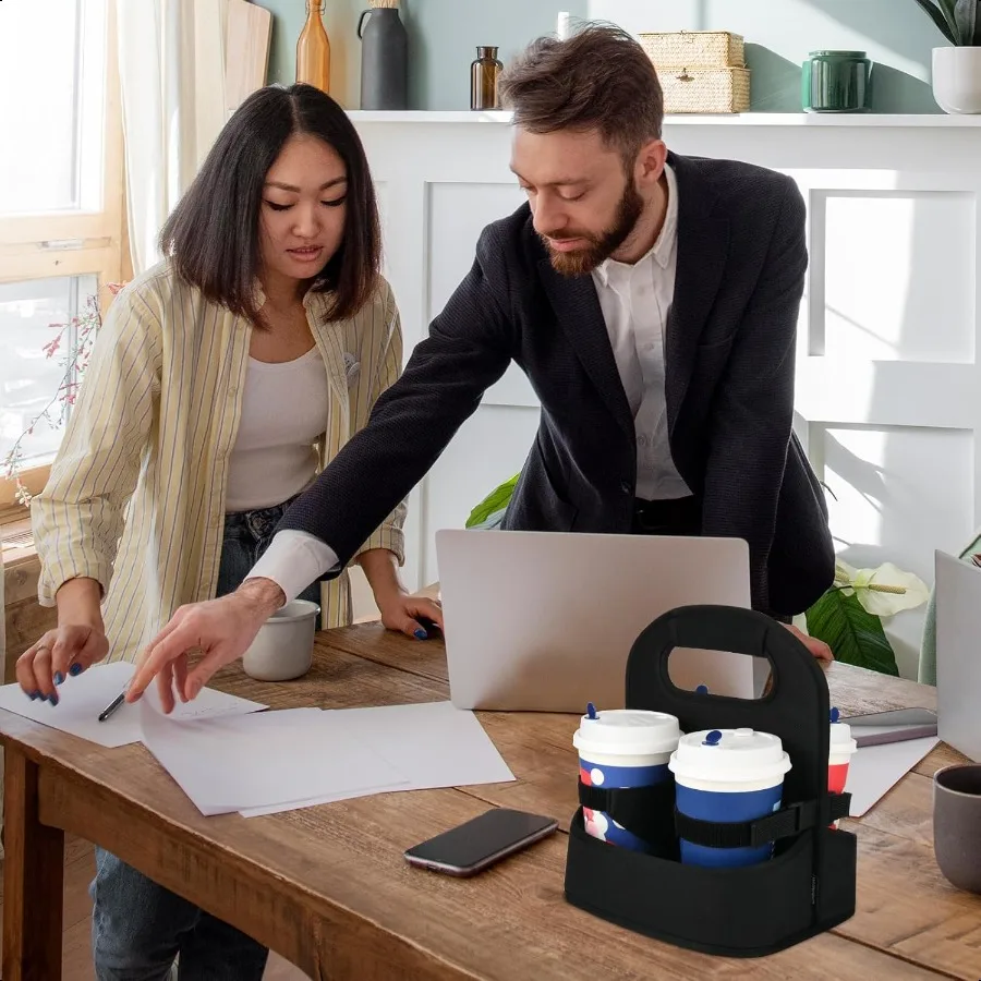 4 Cup Reusable Insulated Coffee Cup Carrier Portable Drink Carrier Tote Bag with Handle for Cold Hot Drink Fits for Food Delive