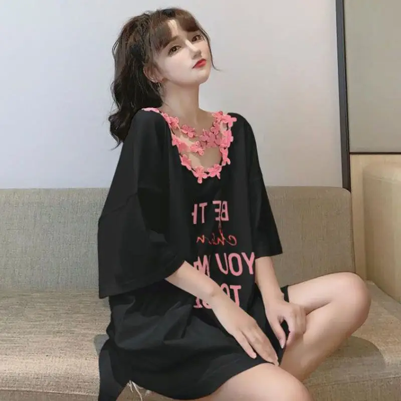 Summer New Hollow Out Letter Printing T Shirt Tops Short Sleeve Loose Plus Size Patchwork Pullovers Fashion Korean Women Clothes