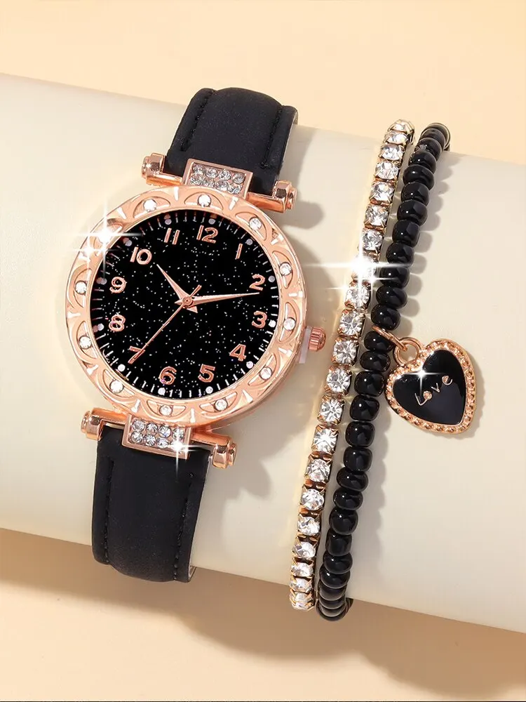 3PCs Fashion Versatile Starry Sky Diamond Embedding Women\'s Belt Quartz Watch with Diamond Embedding Bracelet Set