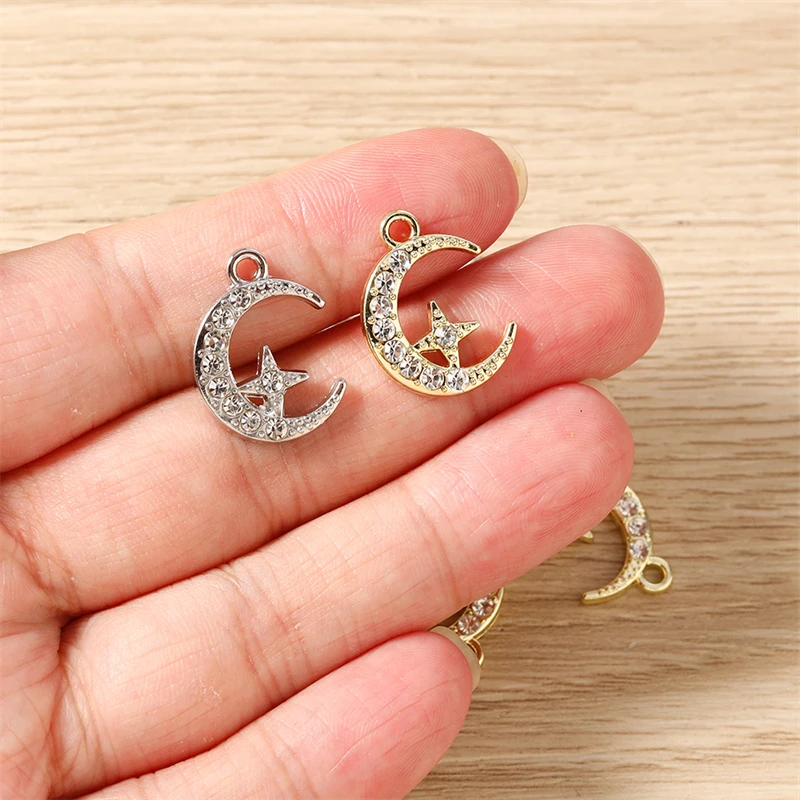5 Stück 14x19mm Niedliche Kristall-Metal-Mond-Stern-Anhänger für Schmuckherstellung, Ohrringe, Anhänger, Halsketten, Armbänder, DIY-Bastelzubehör – Detail 3