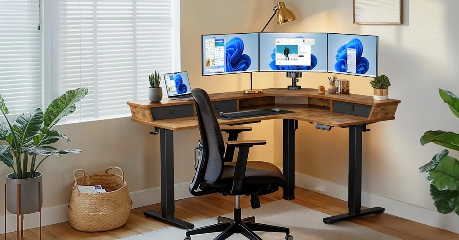 65″ L Shaped Standing Desk for Gaming, [3 Drawers & 2 Cable Management Trays] Corner Stand up Desk w/Monitor Shelf Height