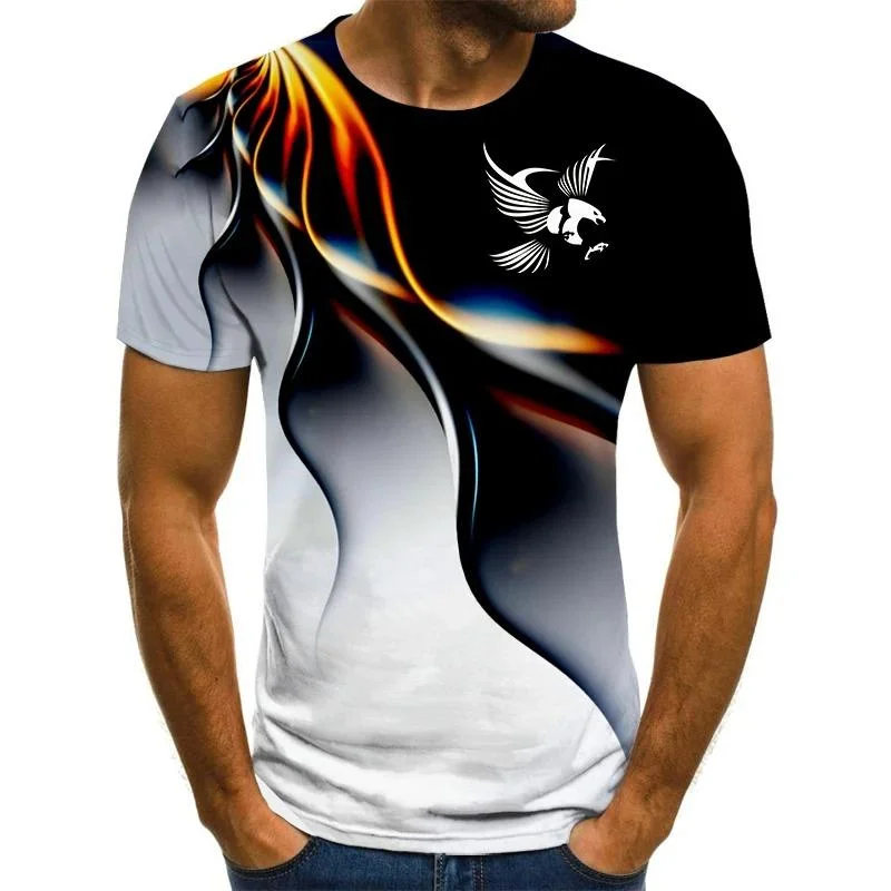 Mens T-shirt shoulder flowing rainbow light curve chest eagle silhouette print short sleeve crew neck abstract daily wear shirt