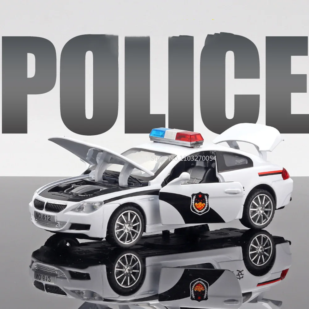 1/32 Alloy Police Car Model Toys Diecast Metal Body With Pull Back Sound Light 4 Door Opened Vehicle Kids Gift Boy Birthday Gift