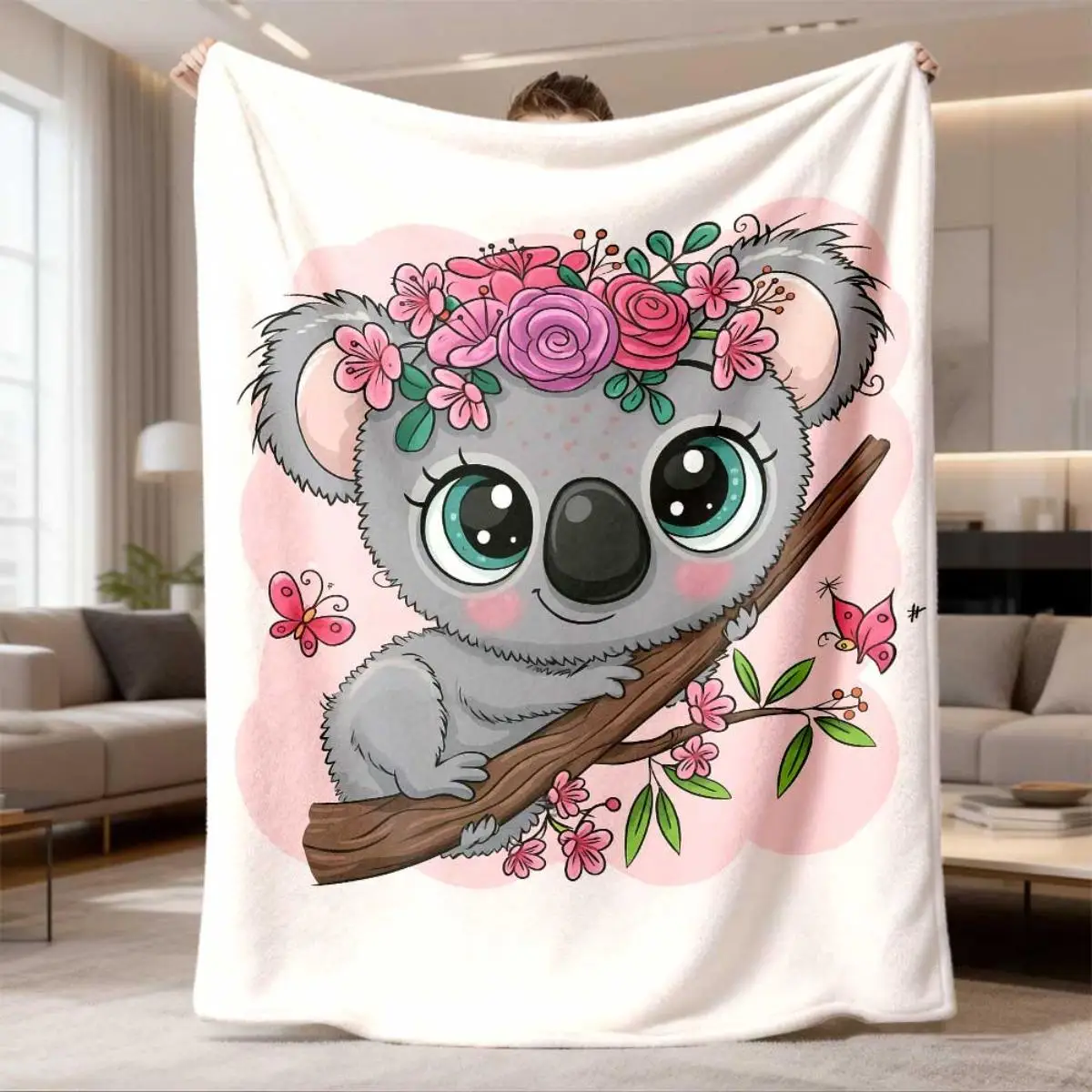 Cute Koala Floral Throw Blanket Nursery Decor Plush Fleece Throw Boho Cozy Gift for Baby Kids Room Home Decoration