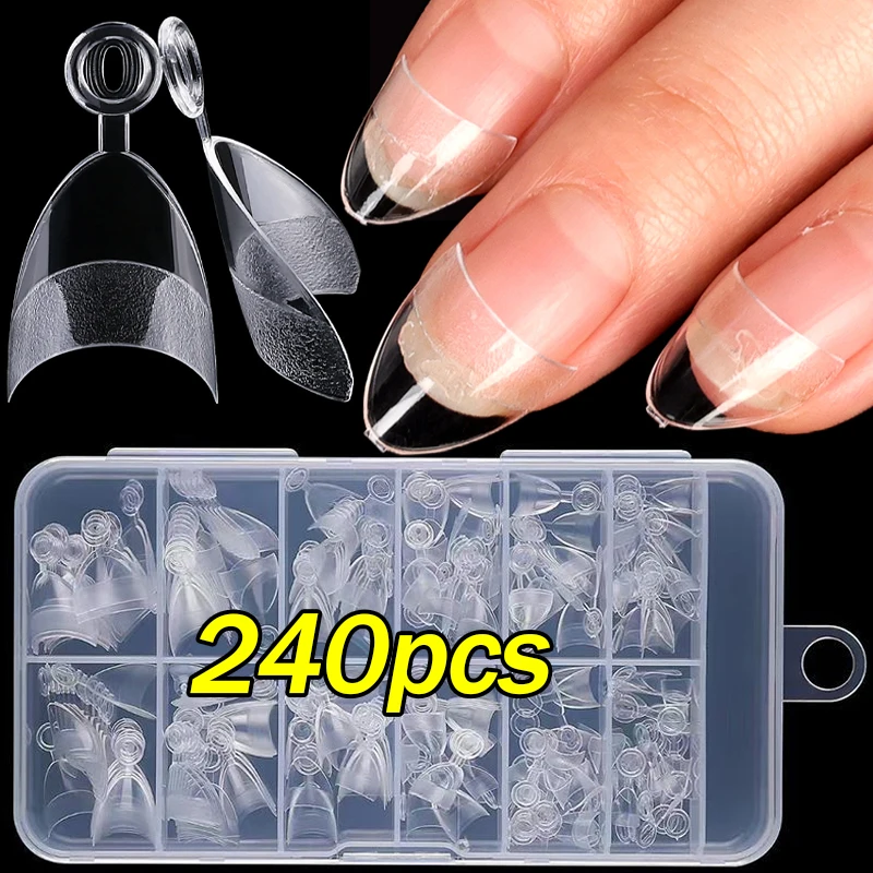 240Pcs Half Cover Almond Pre-filed Nail Tips Press on Fake Artificial Nail Extension for Extra Short Nail Bed DIY Nails Art Tool