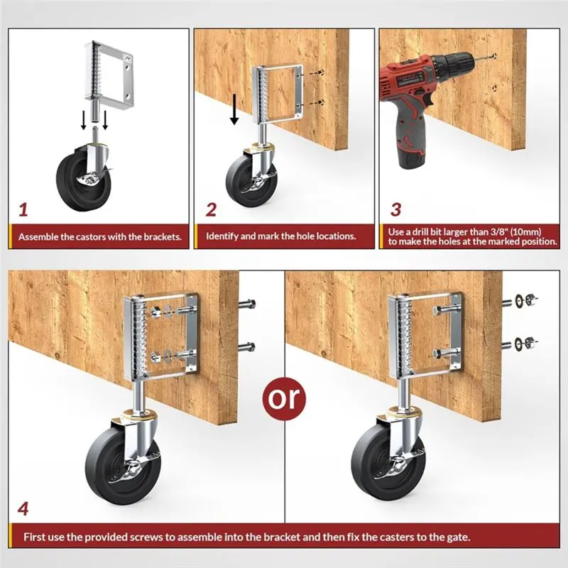 ABDJ-Gate Wheels With Side Brake, Spring Loaded Gate Casters For Farm Yard And More Max Load Capacity 220Lbs