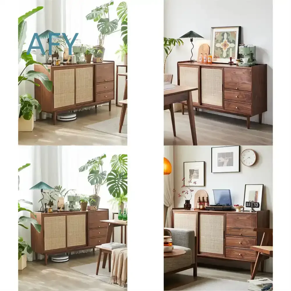 New Chinese Style Black Walnut Dining Sideboard Cabinet for North America with Song Dynasty Aesthetic Wicker Design Zen Wabi
