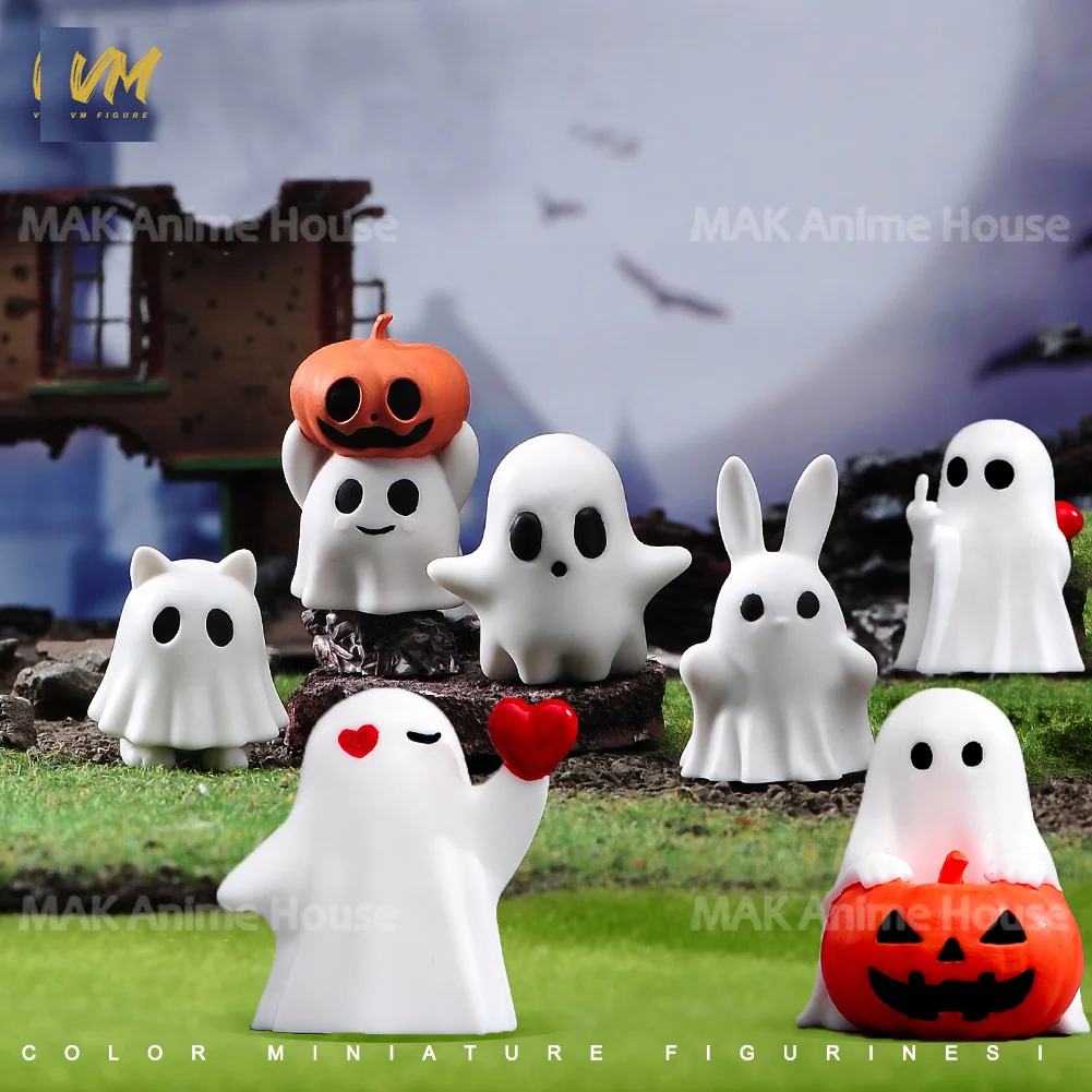 Harz Miniaturen Geist Baby Kaninchen Kürbis Katze Nette Szene Figur Gemalt Modell Für Halloween Dekorative Ornamente Spielzeug Puppen Set