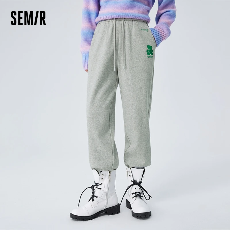 Semir Casual Pants Women Embroidered Loose Trousers Simple Trendy Winter Temperament Sports Style Elastic Waist Sweatpants