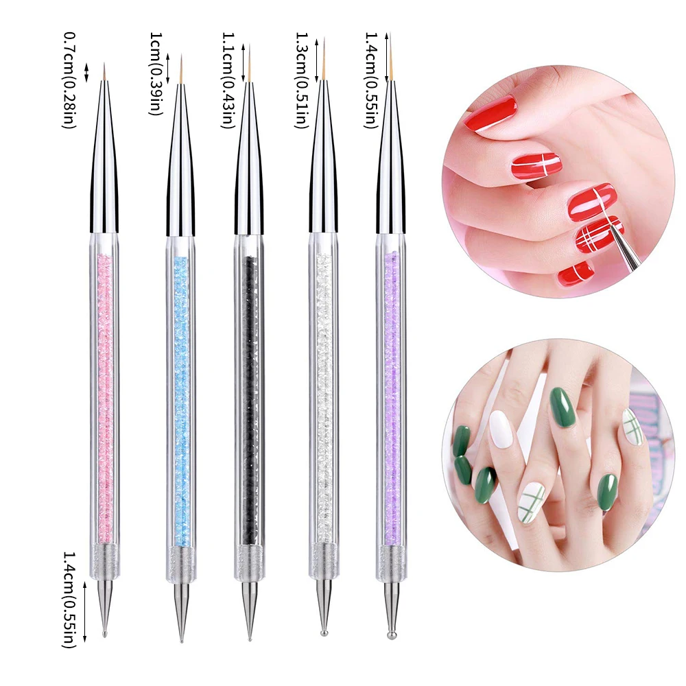 5pcs/Set 2 In 1 Dual-Ended Nail Art Liner Brushes With Crystal Handle Professional UV Gel Dotting Painting Drawing Pen DIY Tools