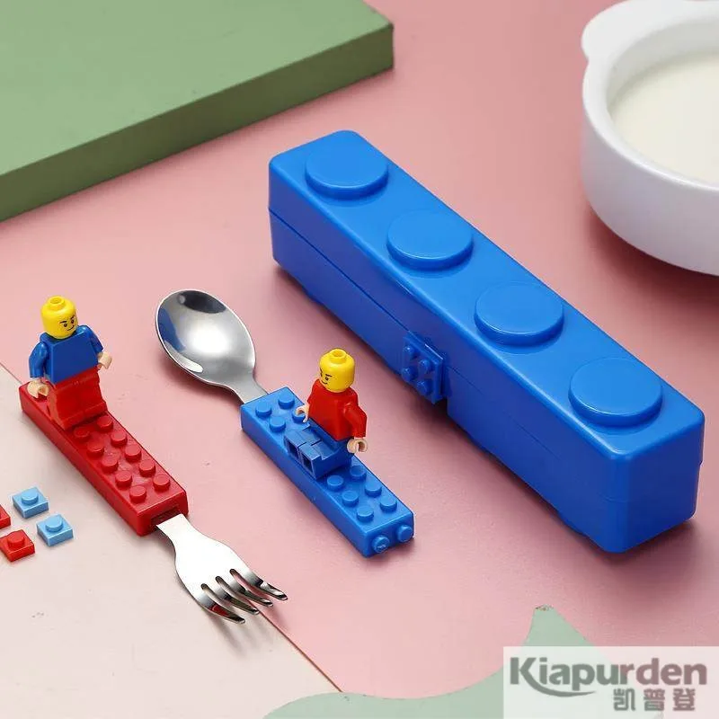 Creative Baby Stainless Steel Utensils Portable Small Spoon Fun Children's Building Block Fork Spoon Set Kids Dining Set