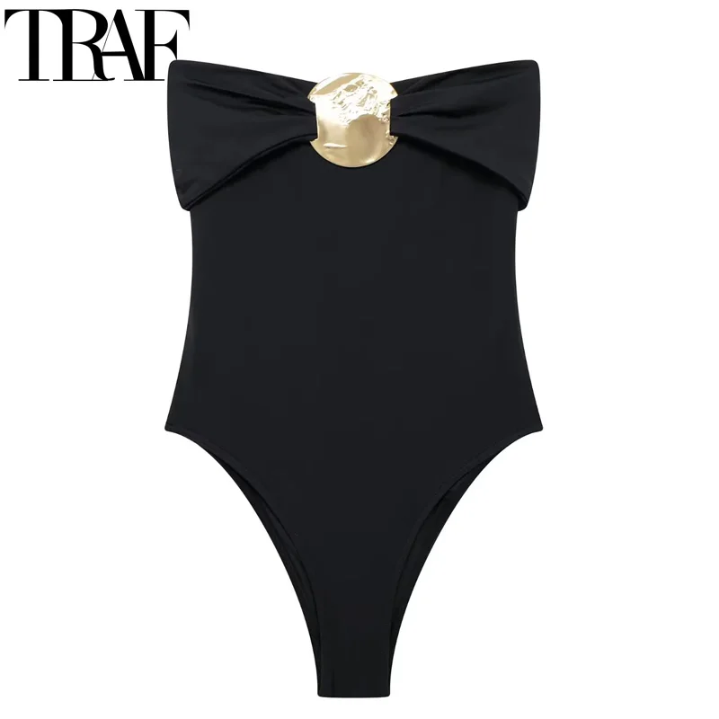 TRAF Off spalla tuta nera donna Backless Sexy Body da donna estate 2024 senza spalline aderente marrone corpo donna costume da bagno