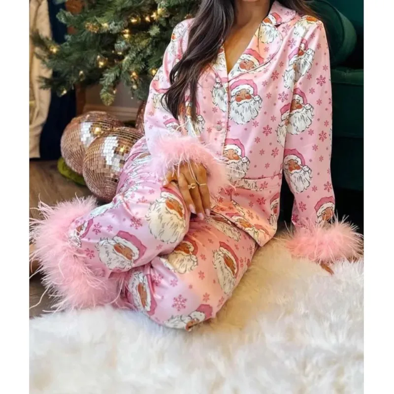 Adult Christmas Costume New Year Christmas Pajamas Set Feather  Cosplay Costume Sleepwear Nightwear Women Homewear Long Sleeve