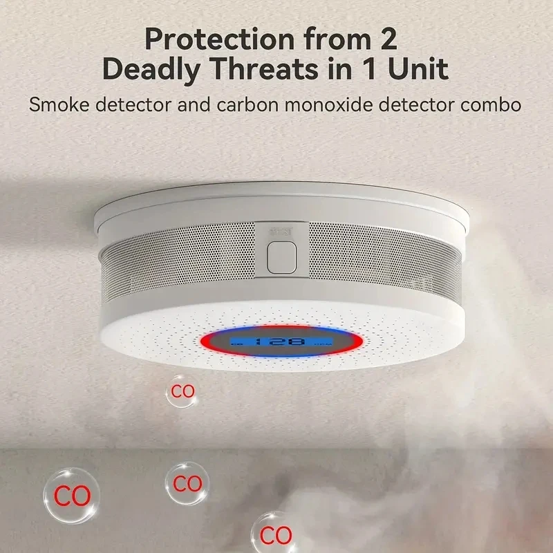 2-in-1 Carbon Monoxide & Smoke Detector with Voice Alert and LED Display - Home Safety Alarm for Kitchen & Bedroom