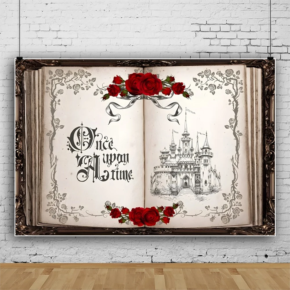 Laeacco Once Upon a Time Backdrop Princess Castle Fairytale Book Red Roses Wedding Bridal Shower Portrait Photography Background