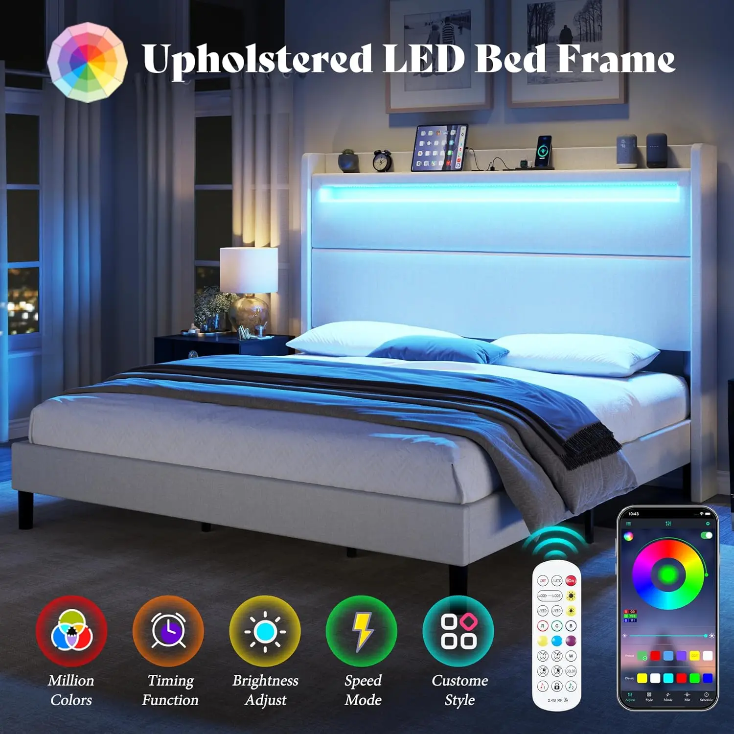 HOT King Bed Frame w/ LED Lights & Wingback Headboard, Upholstered Platform Bed with USB & USB-C Ports, No Box Spring Needed