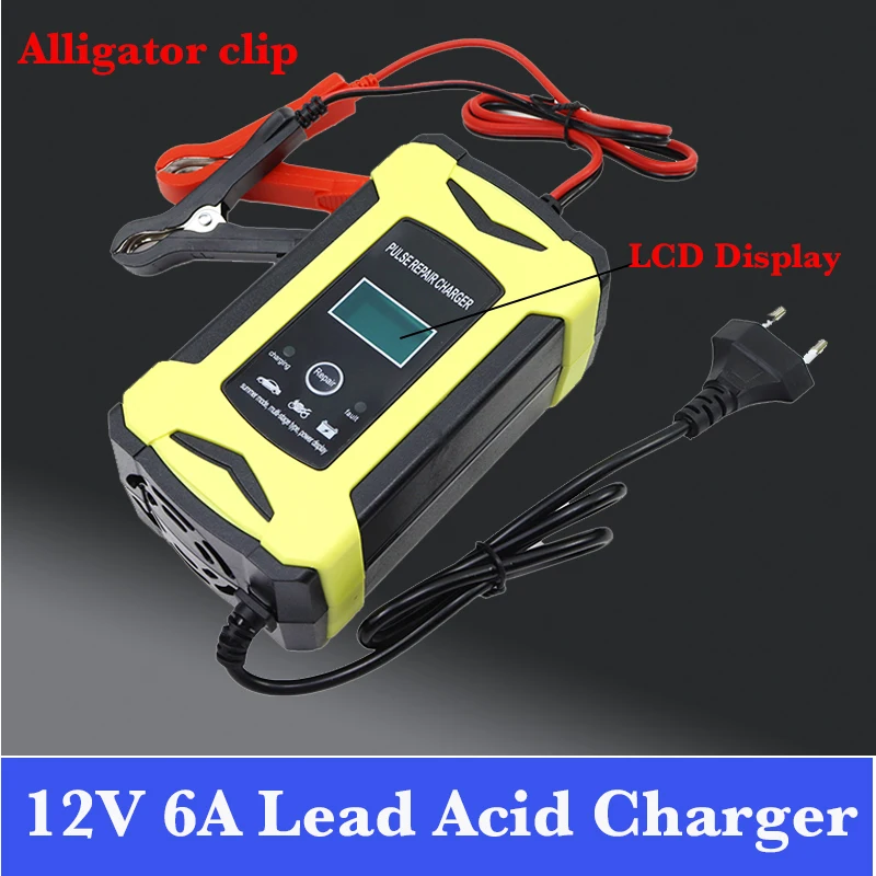Cargador de batería de plomo y ácido de 12V, carga de reparación totalmente automática para coche, motocicleta, totalmente automática, 12V, 6A, pantalla LCD, pinza de cocodrilo