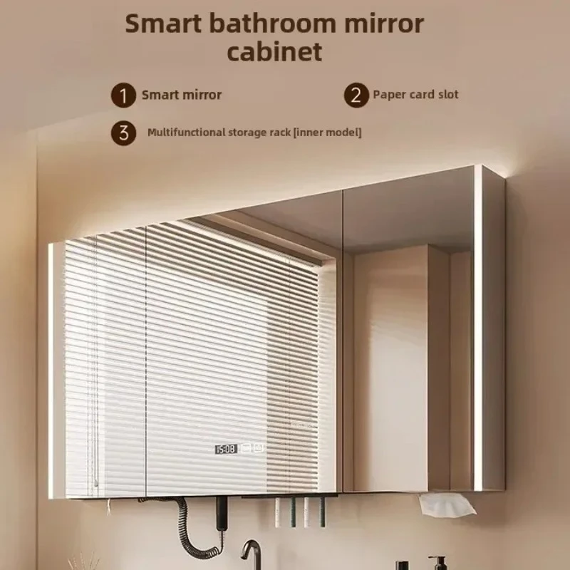 Smart Bathroom Mirror Cabinet with Light Bathroom Mirror with Integrated Bathroom Accessories Hair Dryer Storage Rack