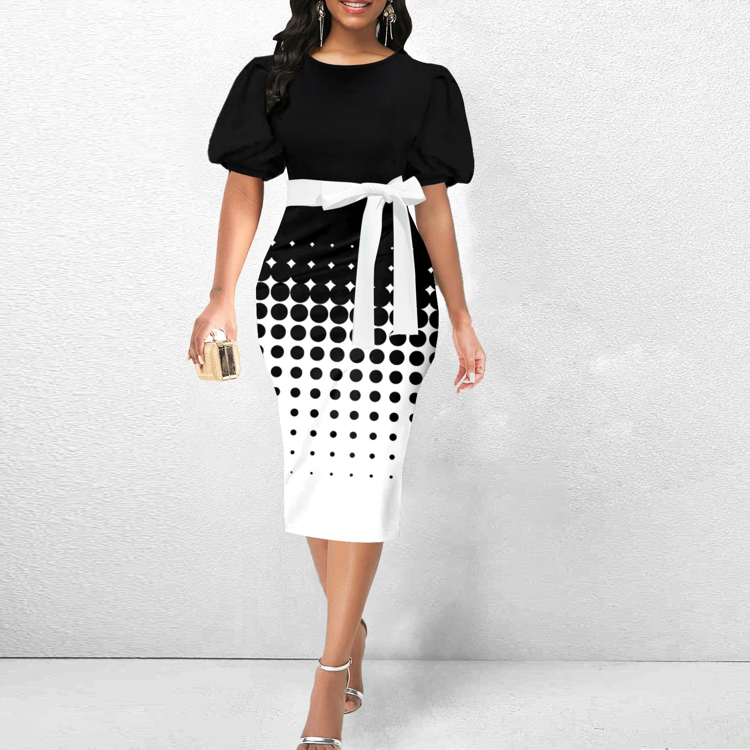 Plus Size Polka Dot Print Dress, Casual Crew Neck Short Sleeve Belted Dress, Women\'s Plus Size Clothing