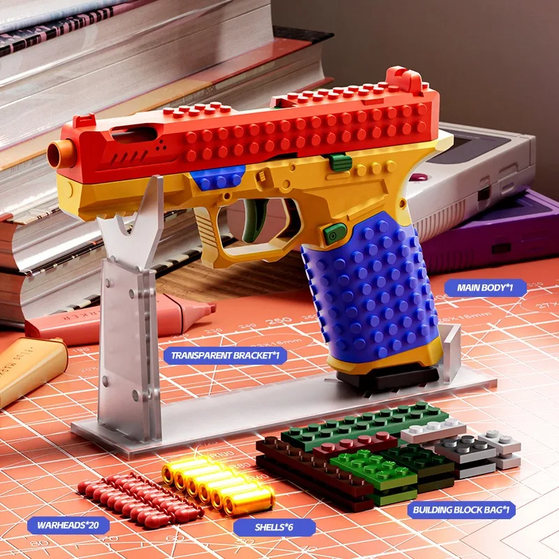 Building Block Pistol Continuous Firing Toy Pistol Rapid Fire Shell Ejecting DIY Soft Bullet Blaster For Boys Kids Cosplay Gift