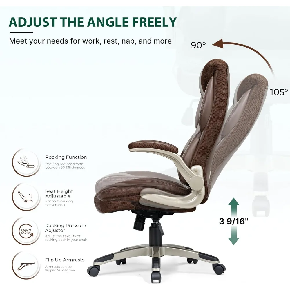 Silla de oficina ejecutiva, reposabrazos abatible hacia arriba, silla de escritorio ergonómica, silla de ordenador de piel sintética, silla de oficina con respaldo alto y reposacabezas