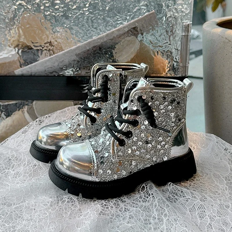 

Elegant Fashion Girls Causal Ankle Boots Spring Autumn New Kids Sequins Catwalk Leather Boots Children's Princess Boots Zipper