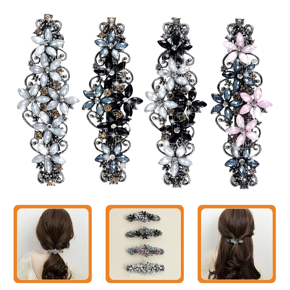 

4 Pcs Floral Hair Barrettes Rhinestone Zinc Alloy Resin Accessories Women Sparkly Clips Ponytail Easy Wear Hairstyles Gifts