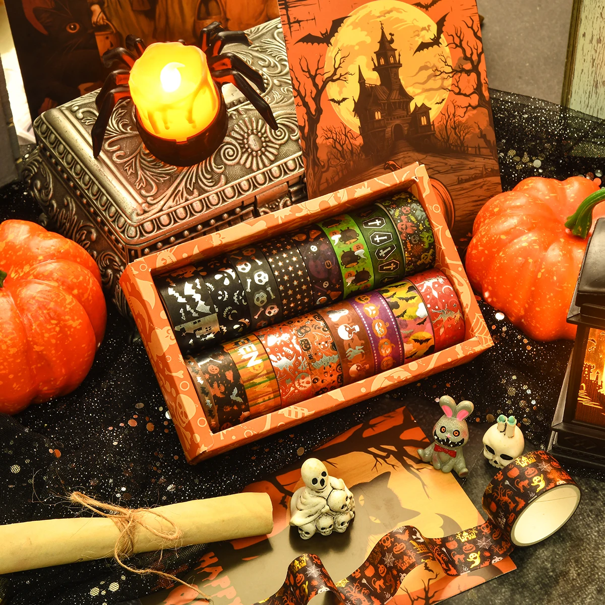 17 لفة/صندوق، شريط واشي رائع بنمط الهالوين، تصميم عملية برونزية مبتكرة، لتزيين حفلات الهالوين بنفسك