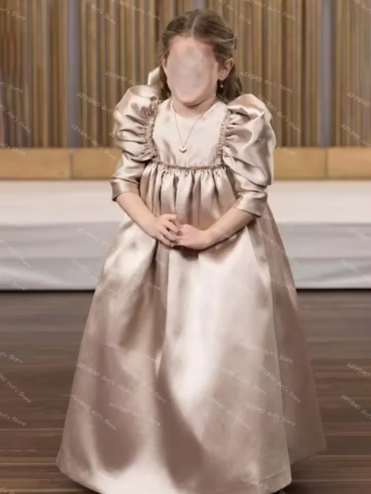 Vestido de novia de niña de flores color champán, vestido de princesa acampanado, vestido de comunión plisado de satén, vestido de fiesta personalizado para niños