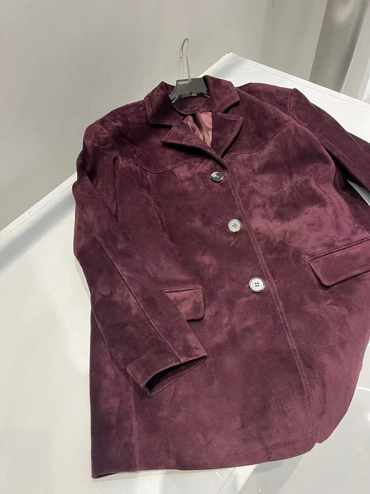 Französische High-End-Lederjacke im westlichen Stil für Damen, 2024, neue Farbe, Angola-Rot, übergroß, lässig, für Kinder, Wildleder-Anzug, Blazer, Oberbekleidung