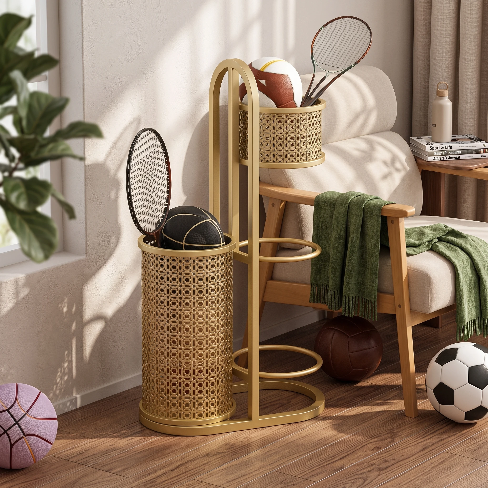 Sports Equipment Storage Rack - バスケット付きボール収納ラック 多用途スポーツ用品収納ラック スポーツギアオーガナイザー 家族向けの丈夫で長持ちする収納ラック