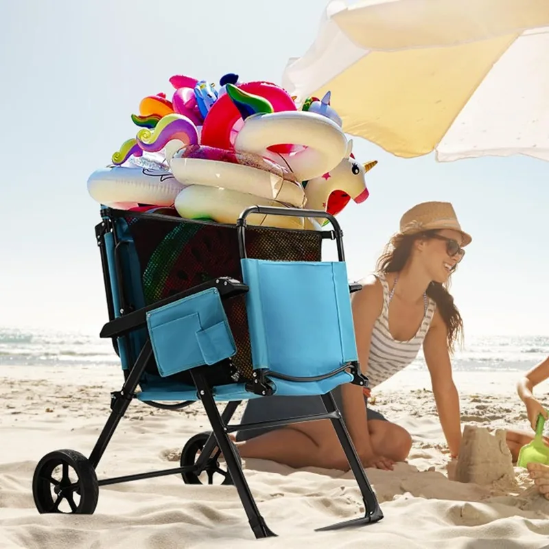 Beach Cart Chairs with Wheels, 2 in 1 Heavy Duty Beach Chair with Canopy Shade, Foldable Beach Lounge Chair