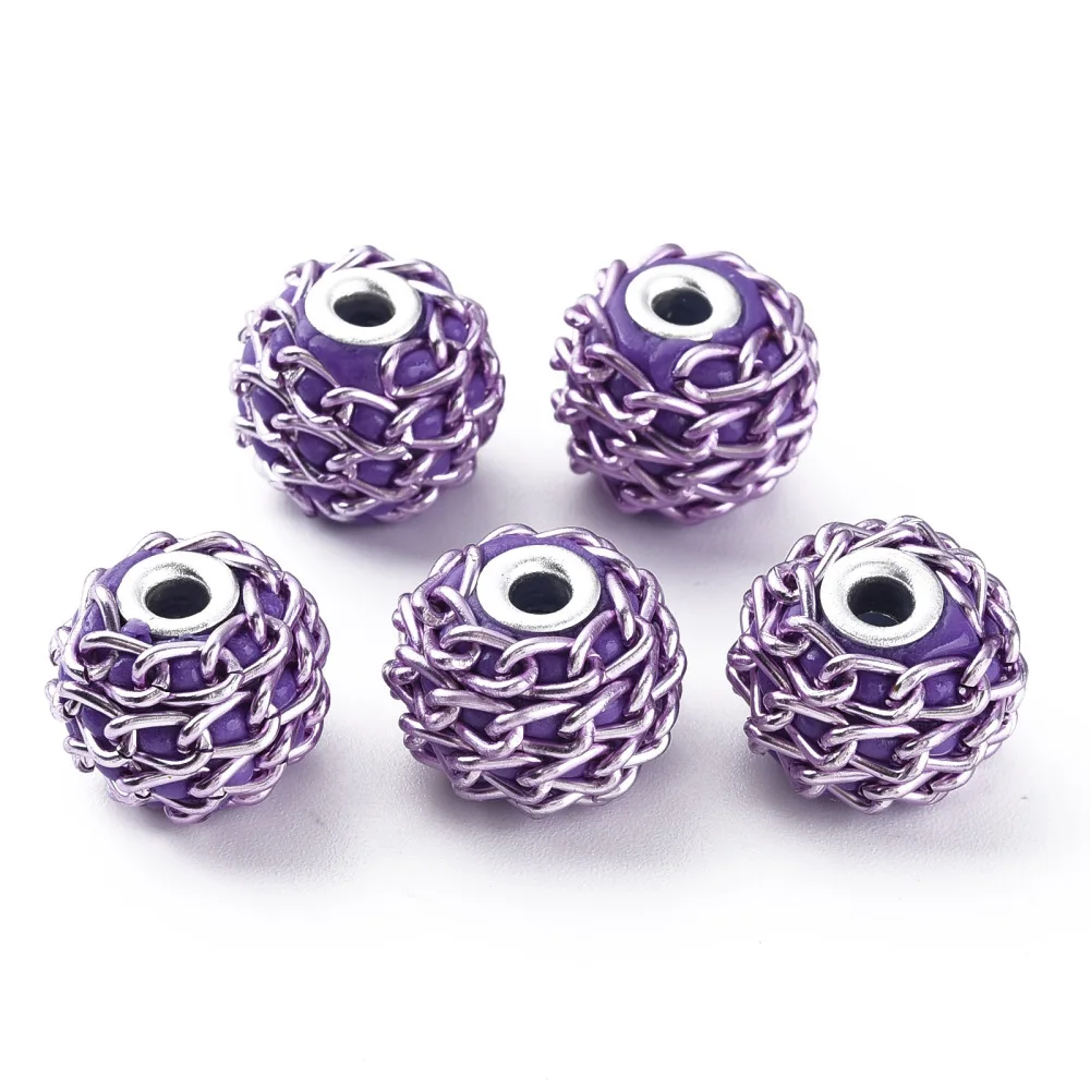 Handmade Indonesia Beads with Aluminium Chains Round Silver Blue Violet 16.5~18x14~15mm Hole: 3~3.5mm