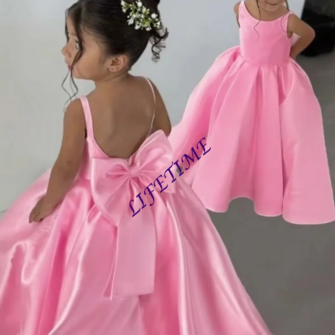 Precioso vestido rosa personalizado con flores para niña, sin mangas, de satén esponjoso con lazo para niños, boda, fiesta de cumpleaños, vestidos de baile de noche personalizados