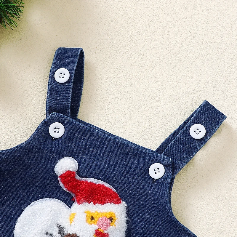 Baby Girls Boys Denim Romper Christmas Tree Santa Embroidered Sleeveless Straps Bodysuits Overalls Christmas Clothes