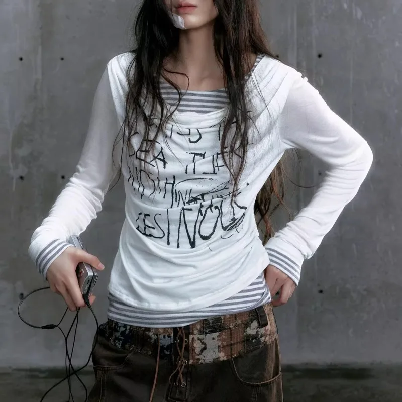 

Тонкая женская футболка с длинными рукавами из двух предметов с буквенным принтом, осень 2022, новые американские повседневные топы в стиле пэчворк контрастного цвета