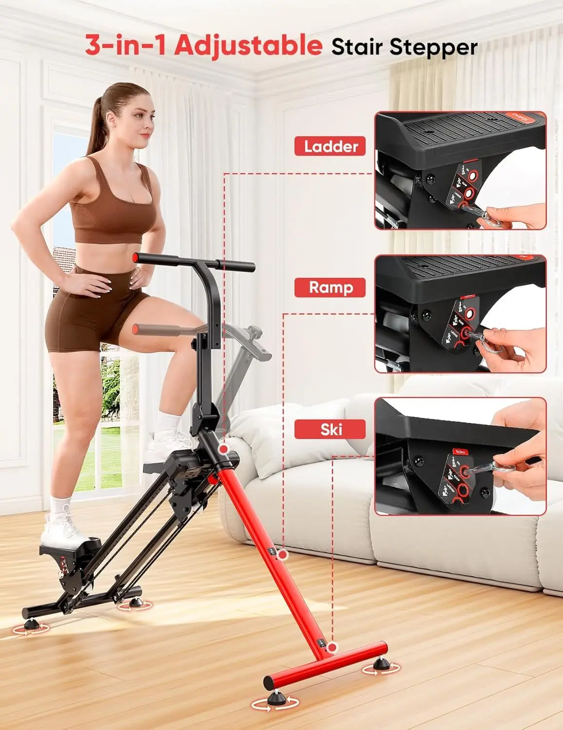 

3-in-1 Foldable Adjustable Home Use Fitness Stair Climber Machine Steel Plastic Construction 120kg Capacity Ski Training