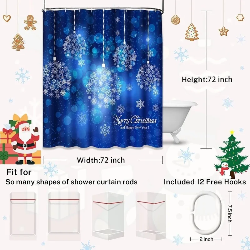 Deep Blue Halo Snowflake Dreamy Christmas Shower Curtain Bathroom Decor No Drilling Hooks Included 12 Pcs