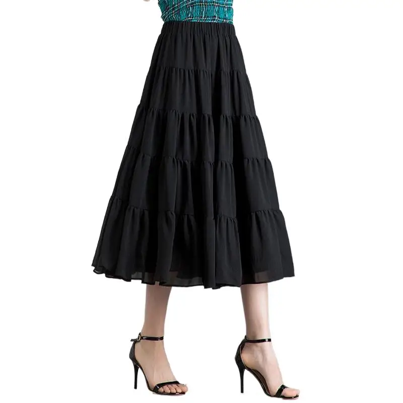 2024 Fashion Women Chiffon A-line Long Skirt High Waist Ruffled Elegant Skirt Female Casual Loose Clothes jupe femme longue chic