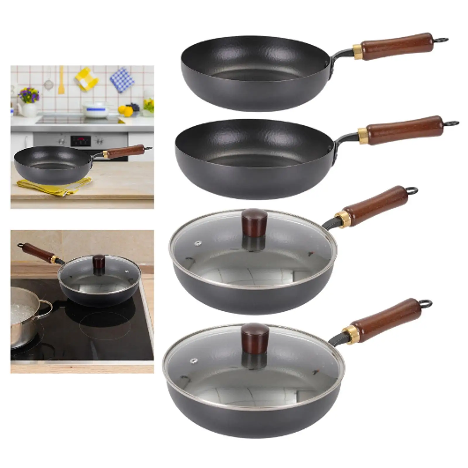 

Iron Wok Comfortable Grip No Coating Kitchen Supplies Rustproof for All Stoves Cooking Tool Wooden Handle Nonstick Stir Fry Pan