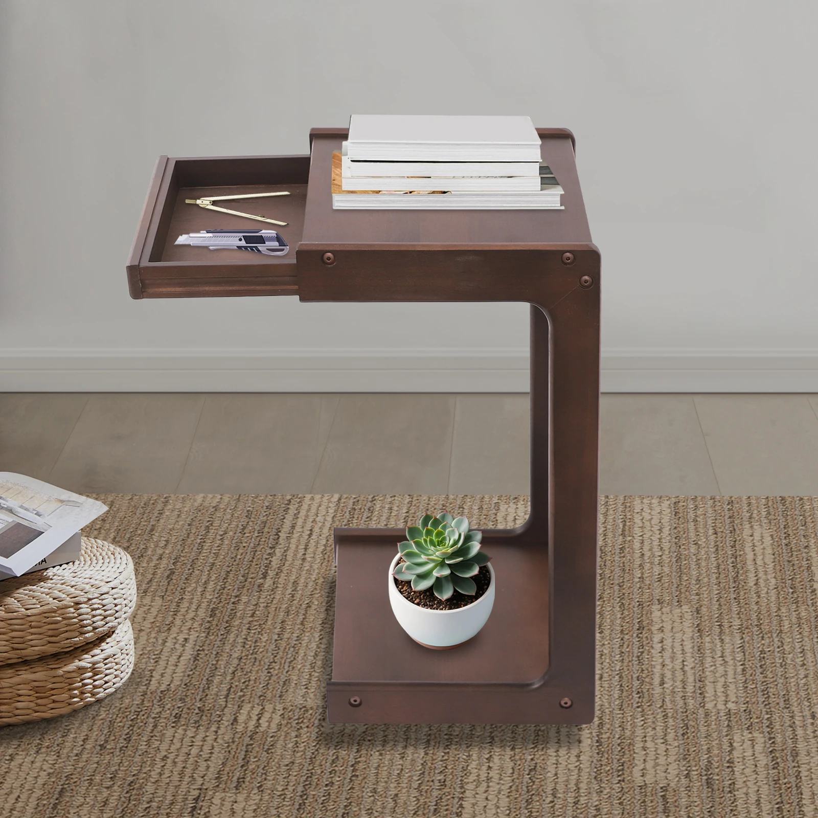 

Solid Wood C-Shaped Side Table with Drawer & Lockable Wheels, Rolling Nightstand Bedside End Table with 360° Universal Wheels