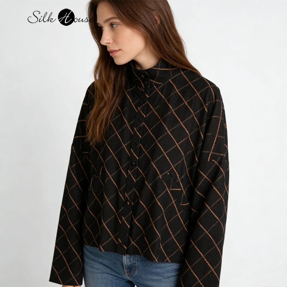 British Style Plaid Heavyweight 100% Natural Mulberry Silk Fragrant Cloud Yarn Stand Up Collar Batwing Long Sleeved Loose Jacket