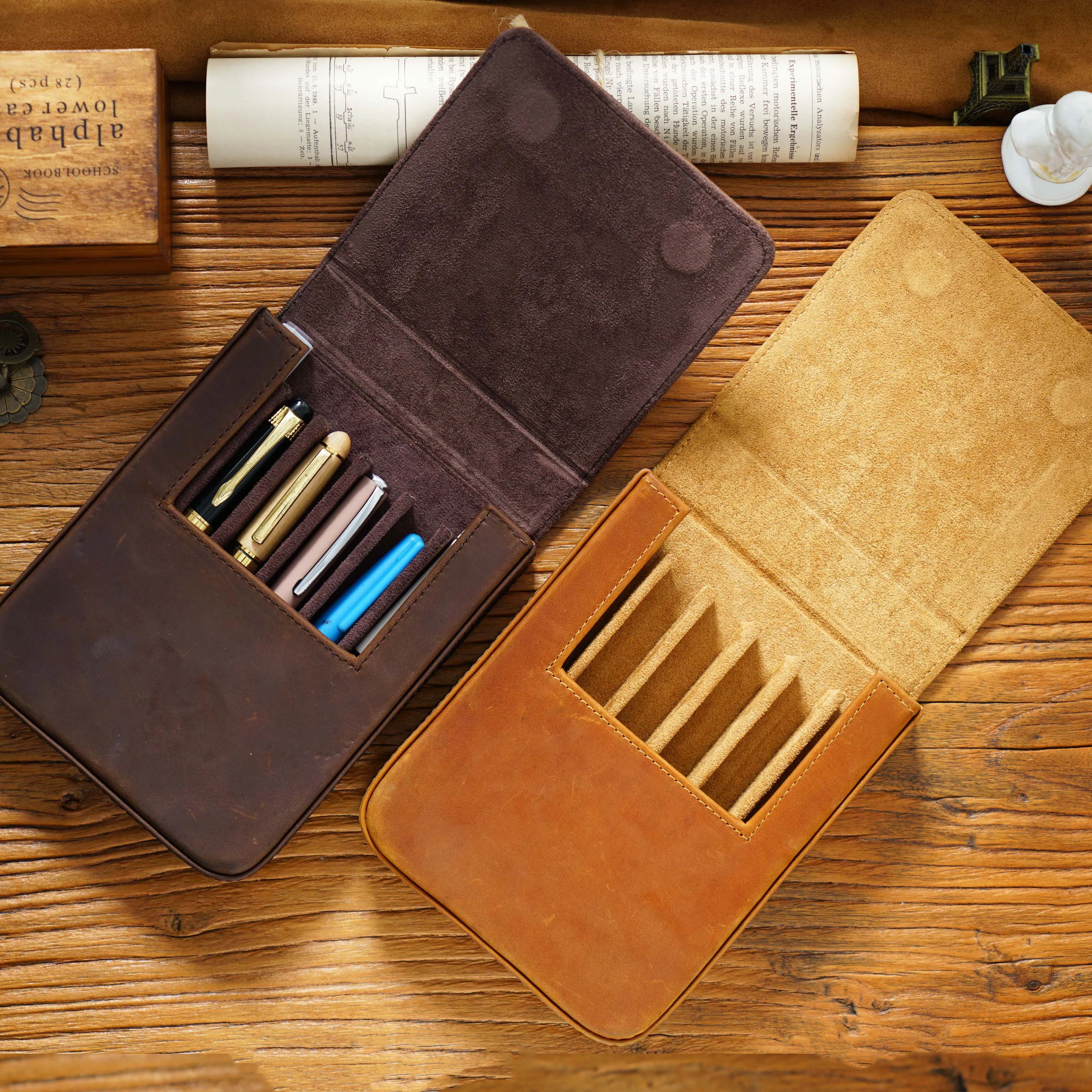 AIGUONIU Genuine Leather 6 Slots Pen Case With Removable Pen Tray Holder Pencil Case School Office Supplies Retro Pen Box Pouch